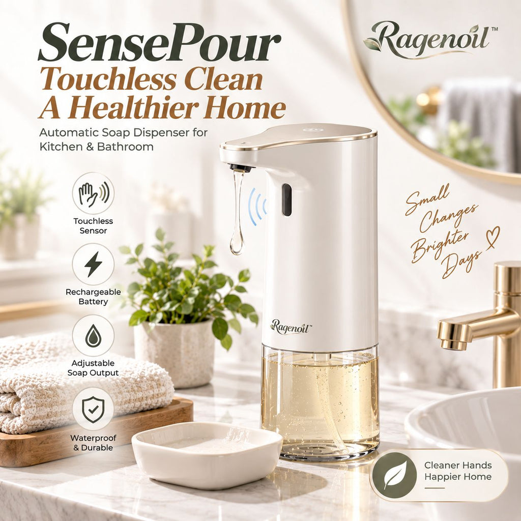 Raqenoil™ SensePour Rechargeable Touchless Soap Dispenser – Automatic Sensor Pump for Kitchen & Bathroom, USB-C