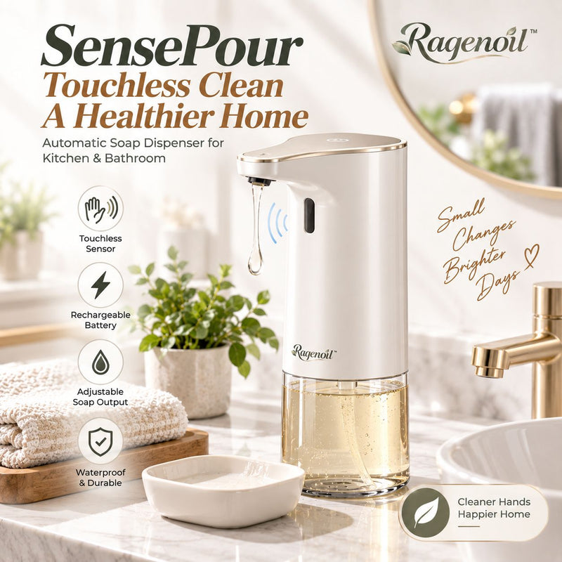 Raqenoil™ SensePour Rechargeable Touchless Soap Dispenser – Automatic Sensor Pump for Kitchen & Bathroom, USB-C