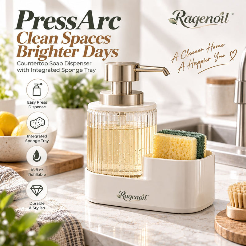 Raqenoil™ PressArc 16 fl oz Countertop Soap Dispenser – Refillable Kitchen Pump Bottle with Integrated Sponge Tray