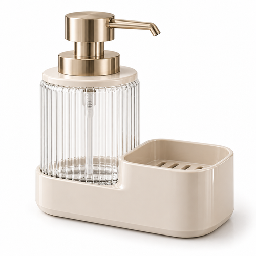 Raqenoil™ PressArc 16 fl oz Countertop Soap Dispenser – Refillable Kitchen Pump Bottle with Integrated Sponge Tray