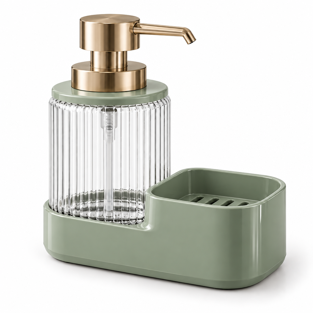 Raqenoil™ PressArc 16 fl oz Countertop Soap Dispenser – Refillable Kitchen Pump Bottle with Integrated Sponge Tray