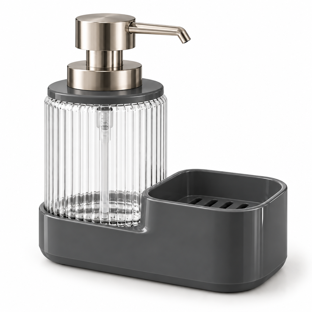 Raqenoil™ PressArc 16 fl oz Countertop Soap Dispenser – Refillable Kitchen Pump Bottle with Integrated Sponge Tray
