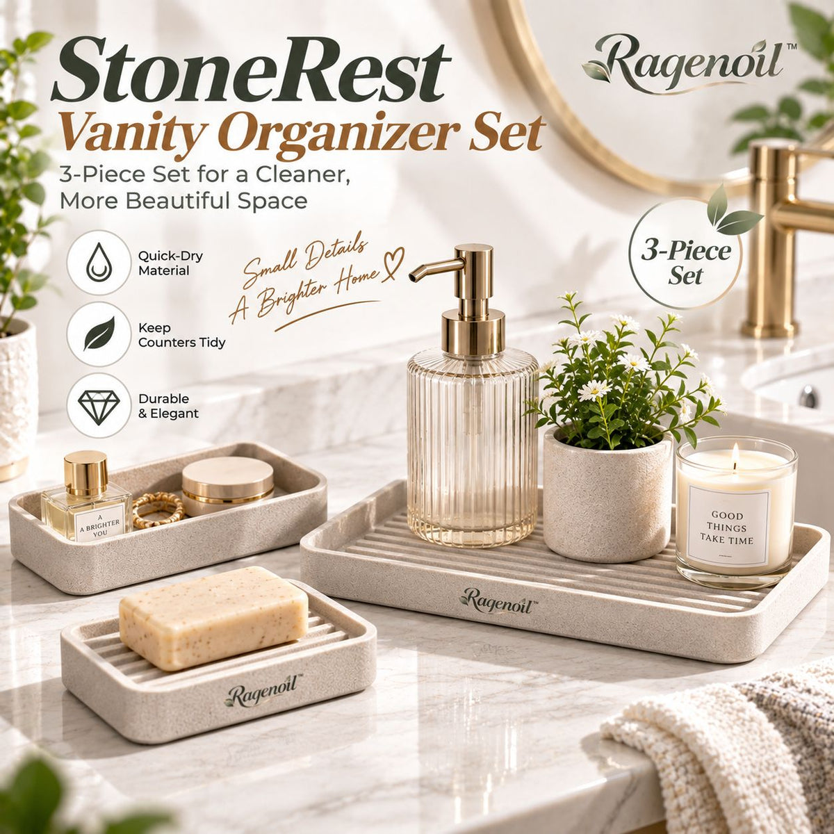 Raqenoil™ StoneRest 3-Piece Vanity Organizer Set – Quick-Dry Sink Tray, Soap Dish & Countertop Catchall