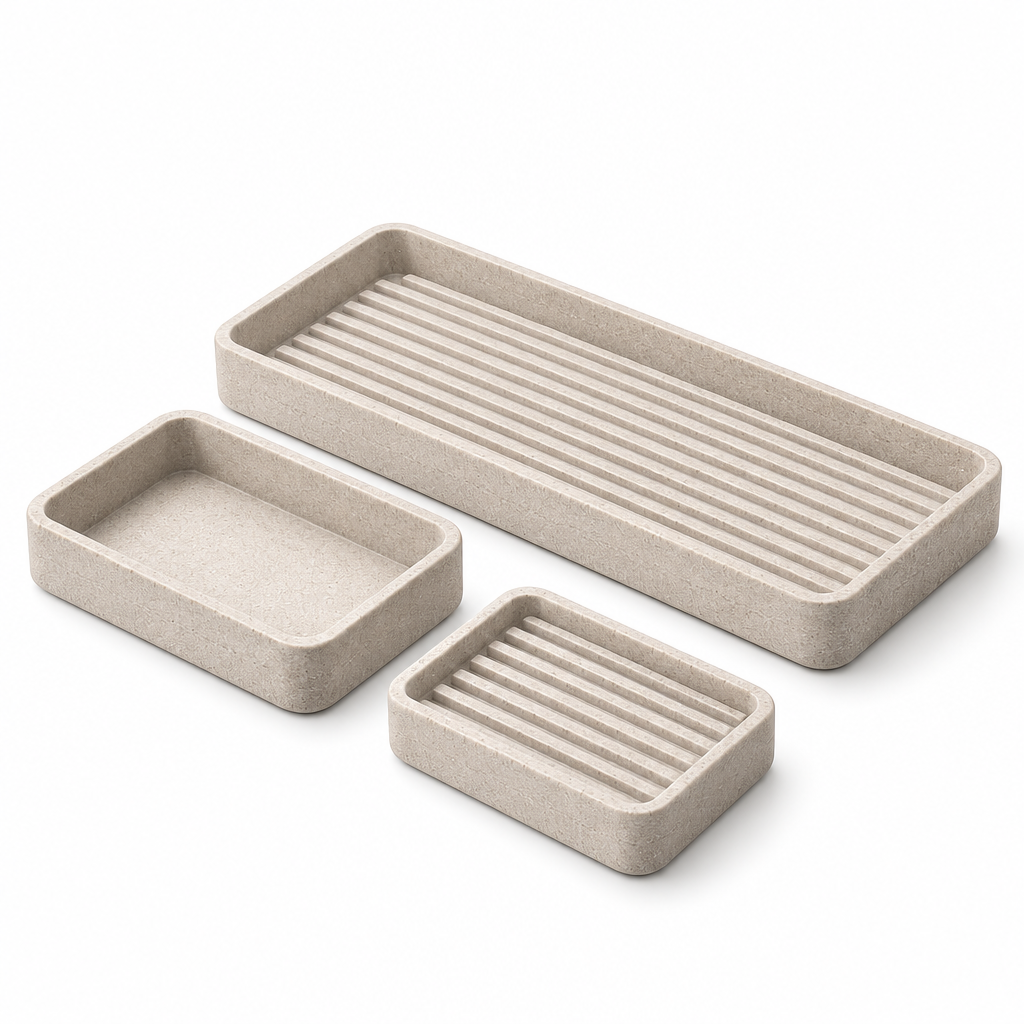 Raqenoil™ StoneRest 3-Piece Vanity Organizer Set – Quick-Dry Sink Tray, Soap Dish & Countertop Catchall
