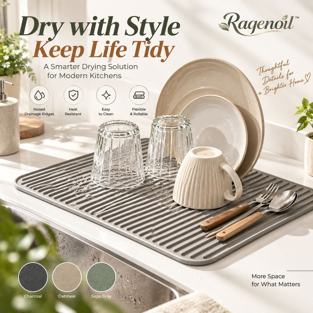 Raqenoil™ RidgeDrain Silicone Dish Drying Mat – Self-Draining Counter Mat, Heat-Resistant Sink Pad & Kitchen Counter Protector
