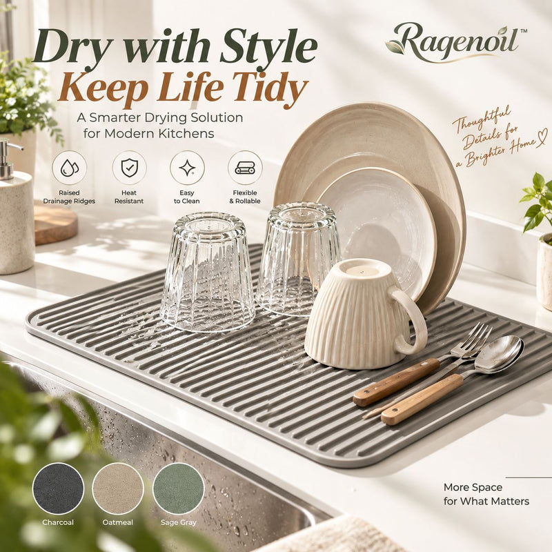 Raqenoil™ RidgeDrain Silicone Dish Drying Mat – Self-Draining Counter Mat, Heat-Resistant Sink Pad & Kitchen Counter Protector