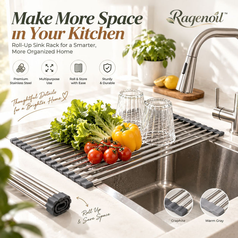 Raqenoil™ RollBridge Over-the-Sink Drying Rack – Roll-Up Stainless Steel Dish Drainer, Produce Rinse Rack & Sink Organizer