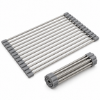 Raqenoil™ RollBridge Over-the-Sink Drying Rack – Roll-Up Stainless Steel Dish Drainer, Produce Rinse Rack & Sink Organizer