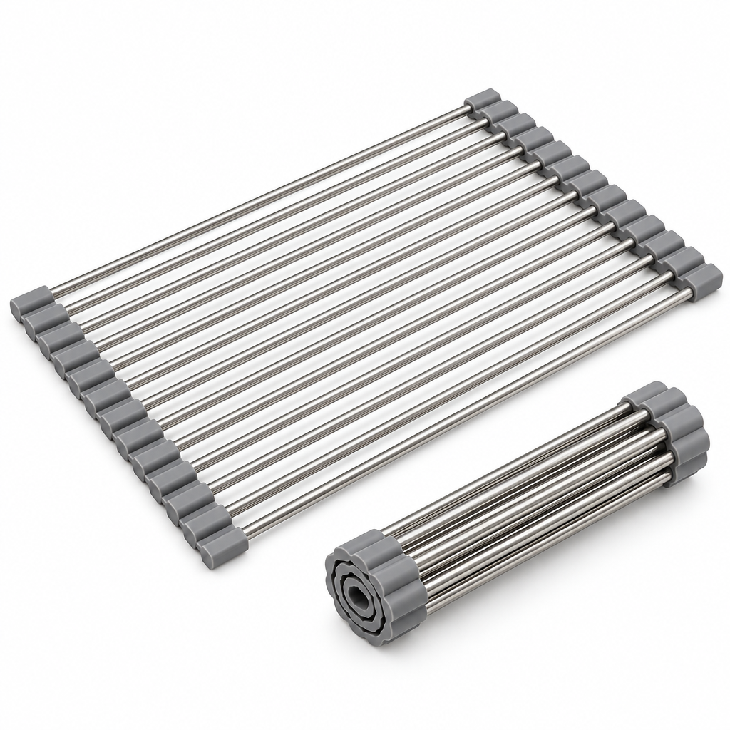 Raqenoil™ RollBridge Over-the-Sink Drying Rack – Roll-Up Stainless Steel Dish Drainer, Produce Rinse Rack & Sink Organizer
