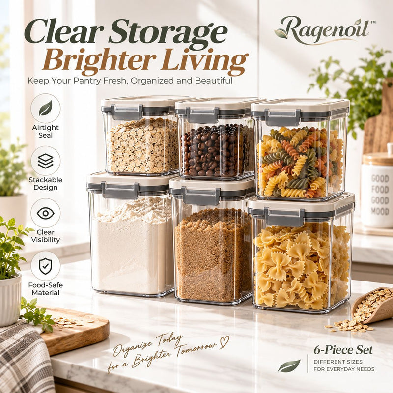 Raqenoil™ ClearNest 6-Piece Airtight Pantry Container Set – Stackable Food Storage Canisters with Locking Lids