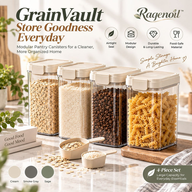 Raqenoil™ GrainVault 4-Piece Large Pantry Canister Set – Modular Dry Food Storage Containers with Scoops & Reusable Labels