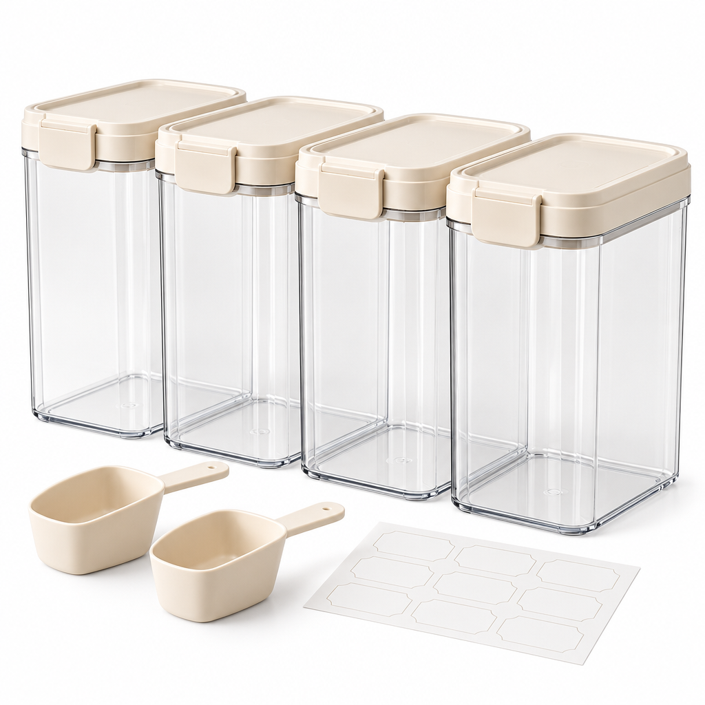 Raqenoil™ GrainVault 4-Piece Large Pantry Canister Set – Modular Dry Food Storage Containers with Scoops & Reusable Labels
