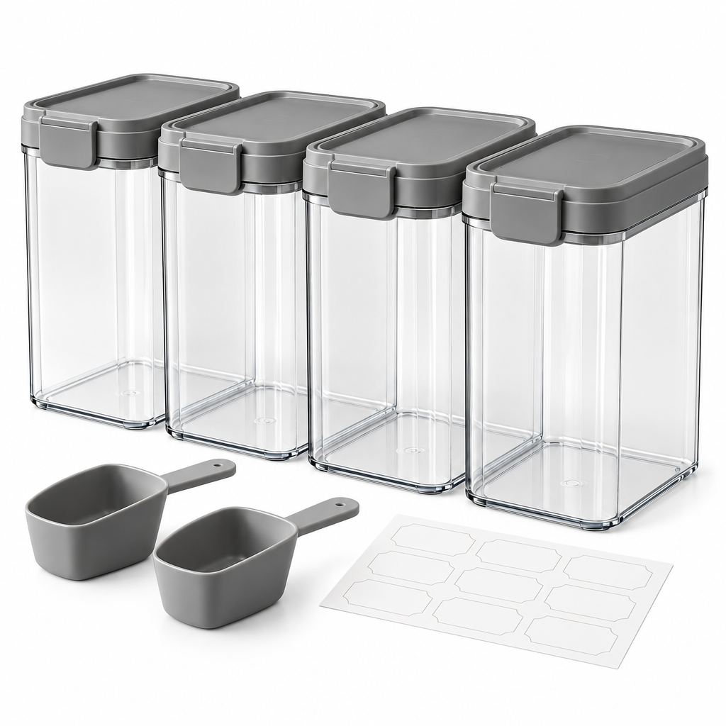 Raqenoil™ GrainVault 4-Piece Large Pantry Canister Set – Modular Dry Food Storage Containers with Scoops & Reusable Labels
