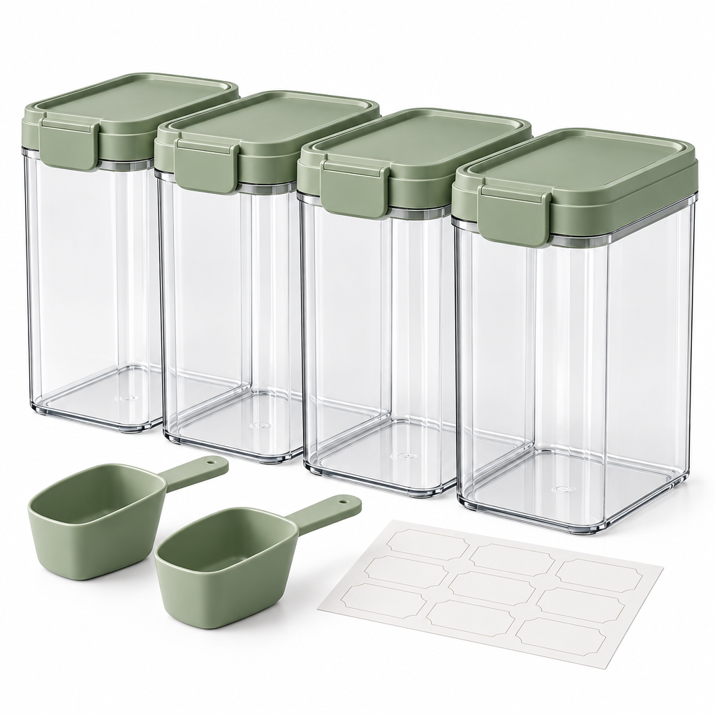 Raqenoil™ GrainVault 4-Piece Large Pantry Canister Set – Modular Dry Food Storage Containers with Scoops & Reusable Labels