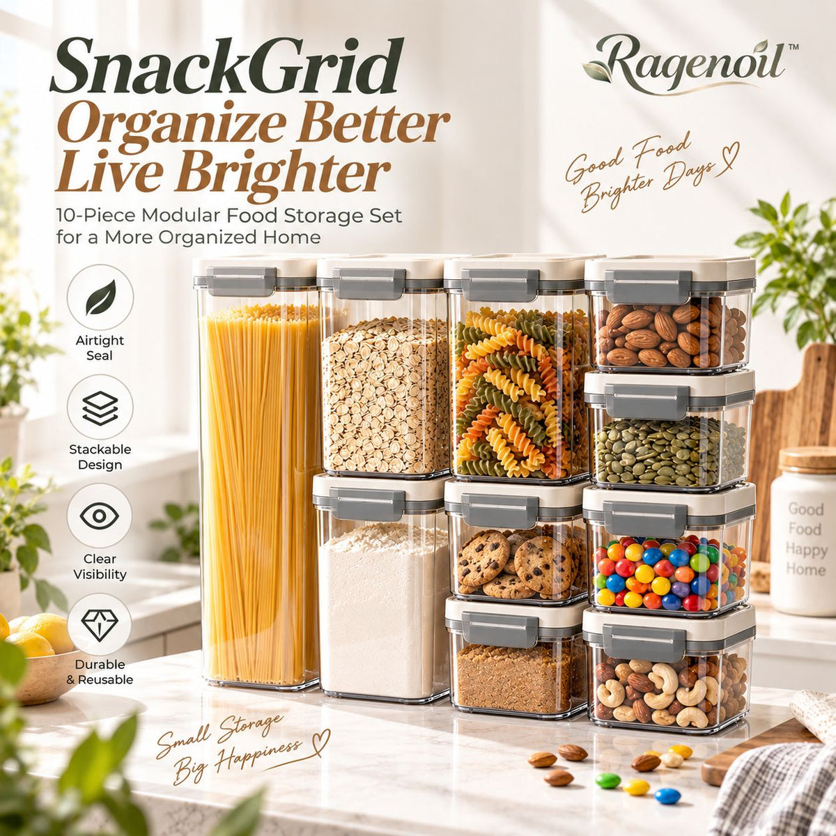 Raqenoil™ SnackGrid 10-Piece Modular Food Storage Set – Clear Stackable Containers for Snacks, Cereal, Pasta & Baking Essentials
