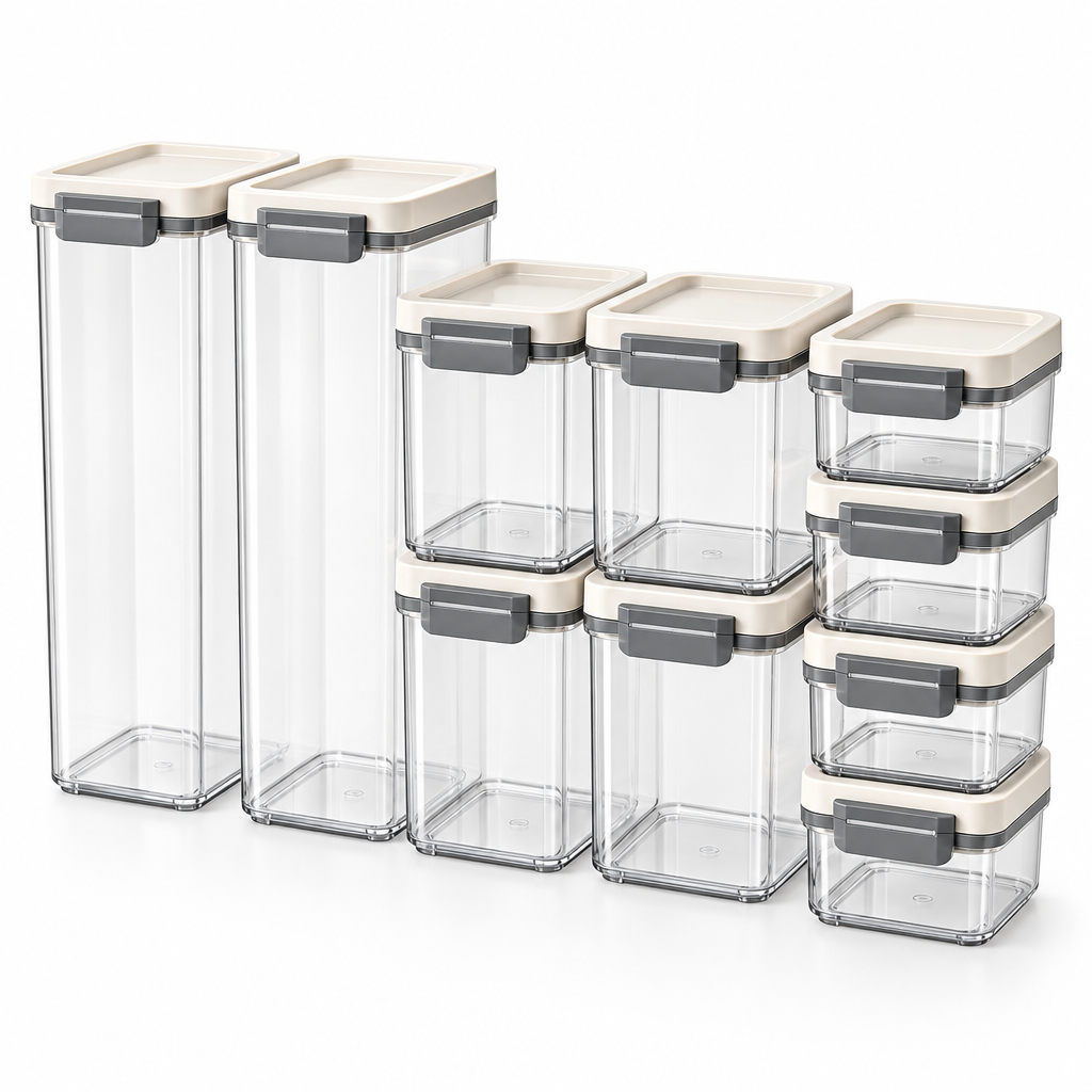 Raqenoil™ SnackGrid 10-Piece Modular Food Storage Set – Clear Stackable Containers for Snacks, Cereal, Pasta & Baking Essentials