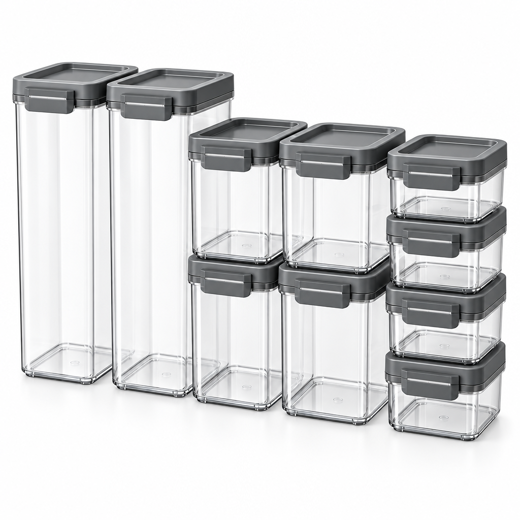 Raqenoil™ SnackGrid 10-Piece Modular Food Storage Set – Clear Stackable Containers for Snacks, Cereal, Pasta & Baking Essentials