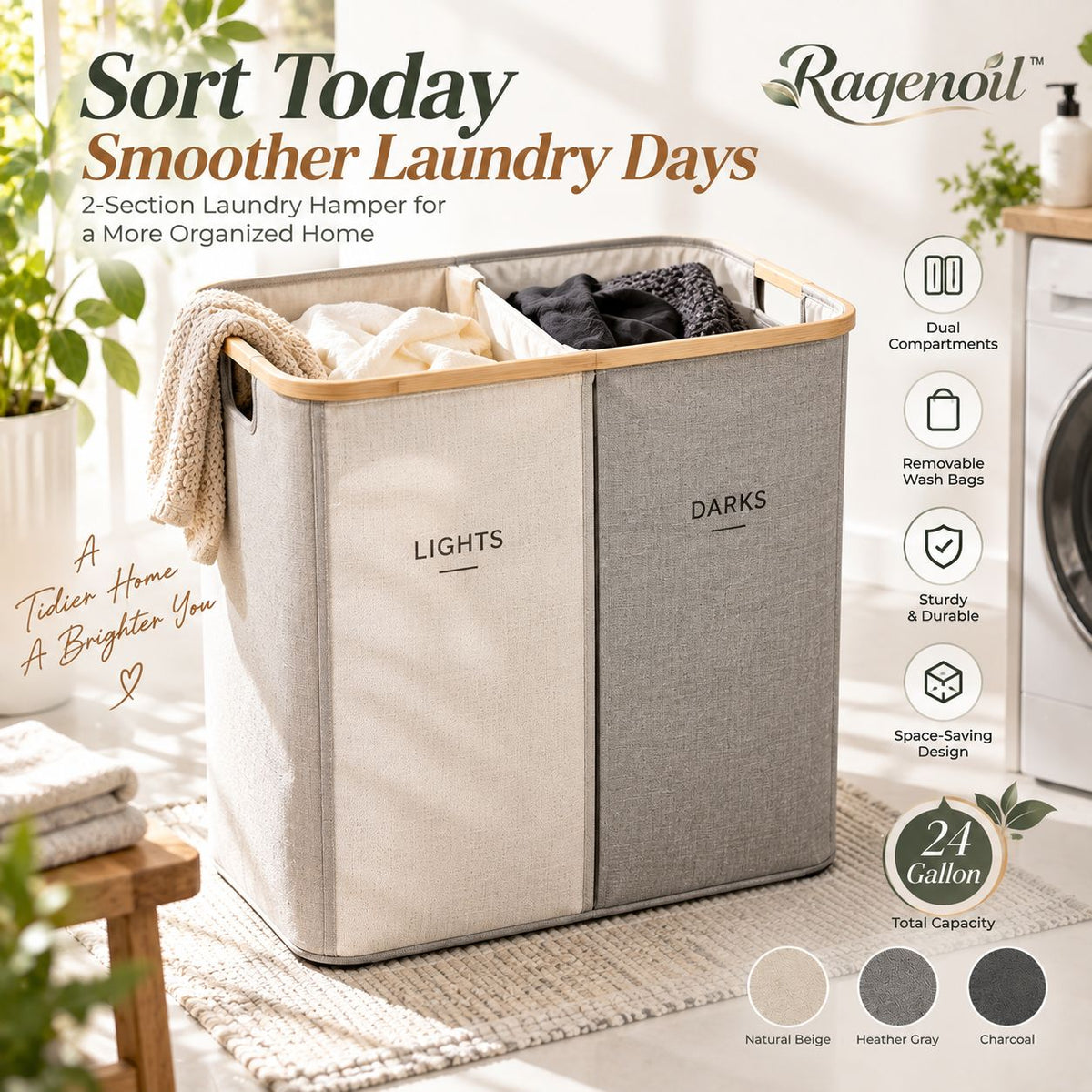 Raqenoil™ SoftSort 2-Section Laundry Hamper – 24-Gallon Divided Clothes Basket with Removable Wash Bags