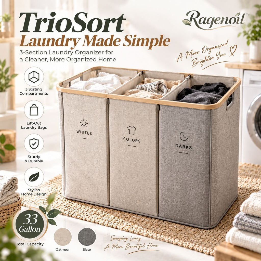 Raqenoil™ TrioSort 3-Section Laundry Organizer – 33-Gallon Family Hamper with Lift-Out Sorting Bags