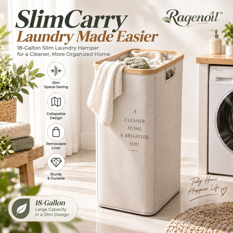 Raqenoil™ SlimCarry 18-Gallon Laundry Hamper – Narrow Collapsible Clothes Basket with Removable Liner